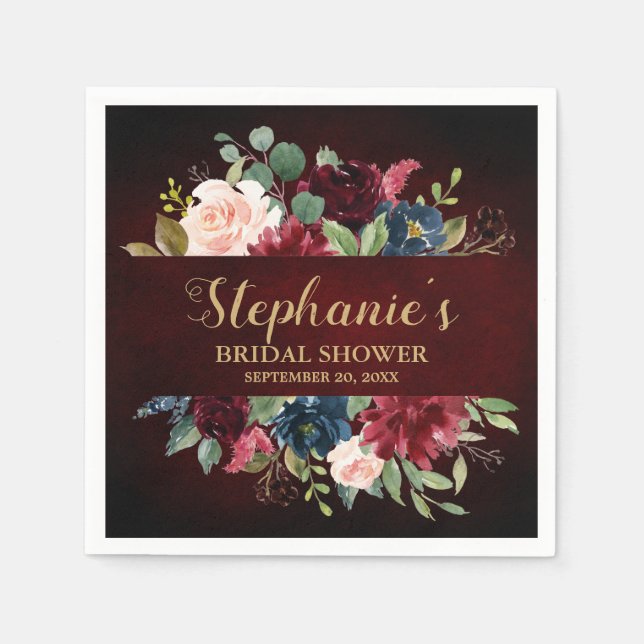 Burgundy Red Navy Floral Rustic Boho Bridal Shower Napkins (Front)