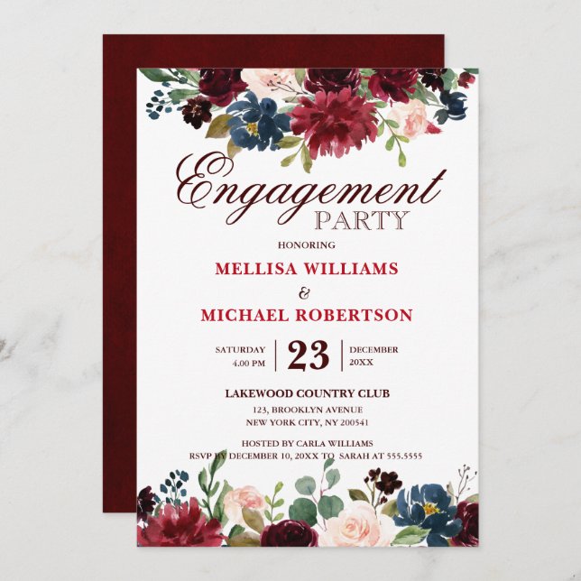 Burgundy Red Navy Floral Rustic Boho Engagement Invitation (Front/Back)