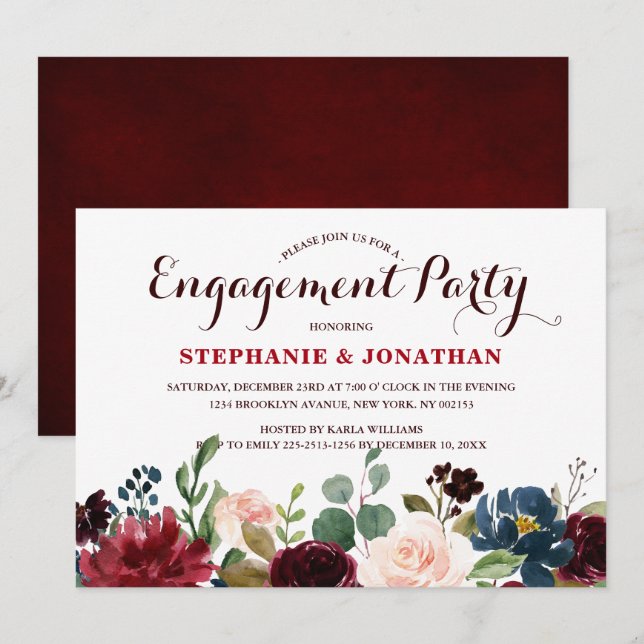 Burgundy Red Navy Floral Rustic Boho Engagement Invitation (Front/Back)