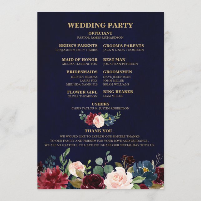 Burgundy Red Navy Floral Rustic Boho Fan Back Program (Front)