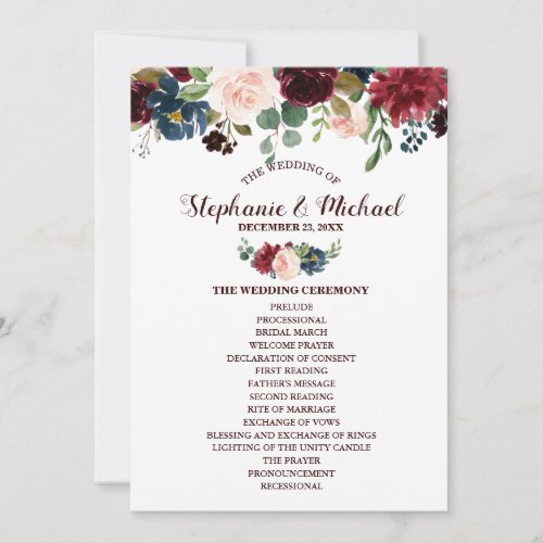 Burgundy Red Navy Floral Rustic Boho Fan Front Invitation