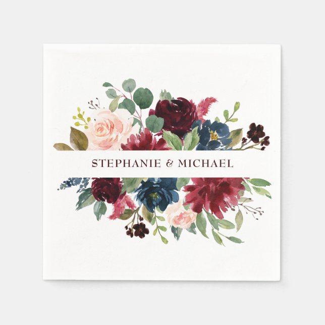 Burgundy Red Navy Floral Rustic Boho Paper Napkin (Front)