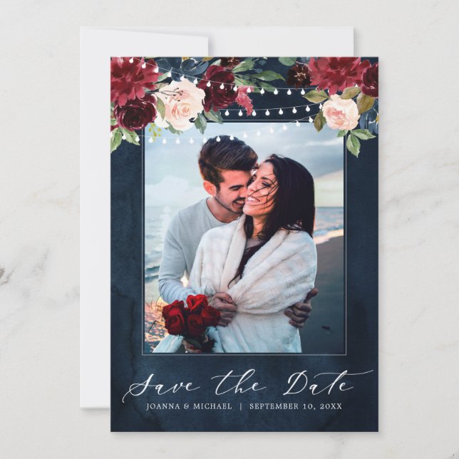 Burgundy Red Navy Floral Rustic Boho Photo Save The Date (Front)