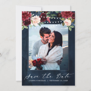 Burgundy Red Navy Floral Rustic Boho Photo Save The Date