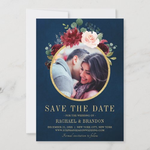 Burgundy Red Navy Floral Rustic Boho Photo Save The Date