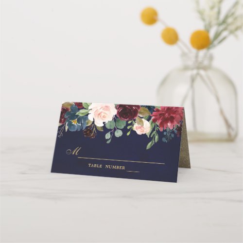 Burgundy Red Navy Floral Rustic Boho Place Card