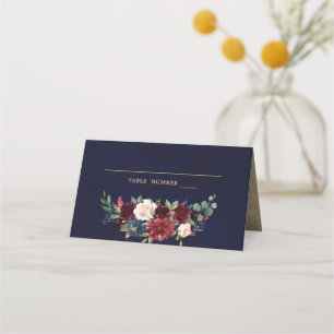 Burgundy Red Navy Floral Rustic Boho Place Card