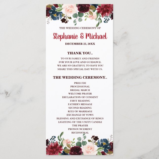 Burgundy Red Navy Floral Rustic Boho Program card (Front)