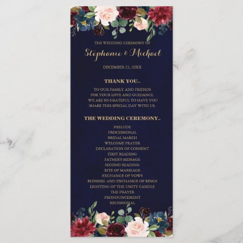 Burgundy Red Navy Floral Rustic Boho Program card