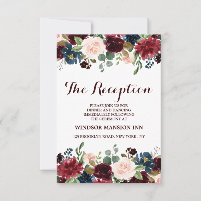 Burgundy Red Navy Floral Rustic Boho Reception Invitation (Front)