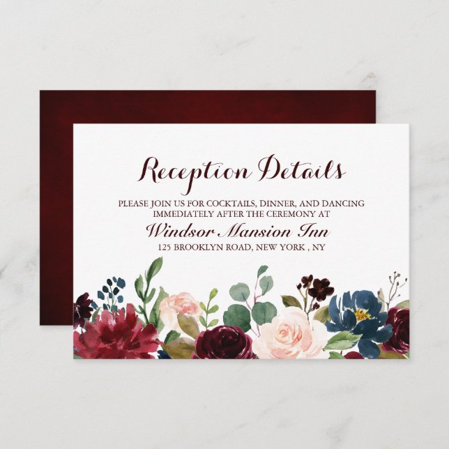Burgundy Red Navy Floral Rustic Boho Reception Invitation (Front/Back)