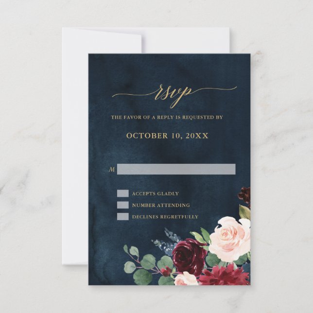 Burgundy Red Navy Floral Rustic Boho  RSVP Card (Front)