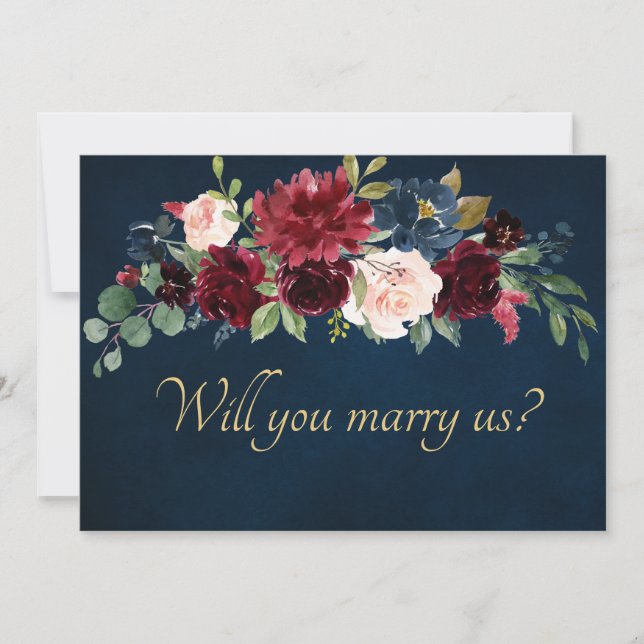 Burgundy Red Navy Floral Rustic Boho Save The Date (Front)