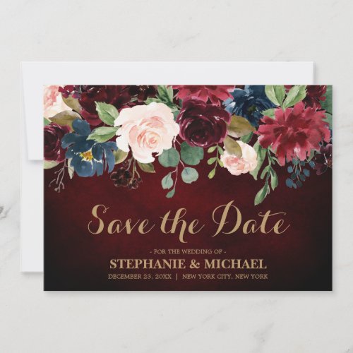 Burgundy Red Navy Floral Rustic Boho Save the date
