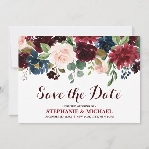 Burgundy Red Navy Floral Rustic Boho Save the date