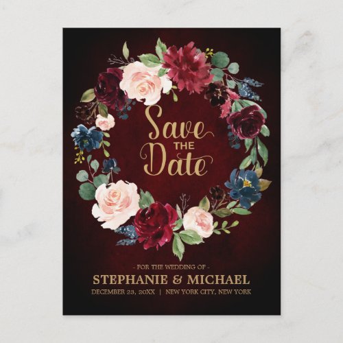 Burgundy Red Navy Floral Rustic Boho Save the Date Announcement Postcard