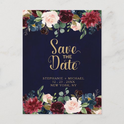 Burgundy Red Navy Floral Rustic Boho Save the Date Announcement Postcard