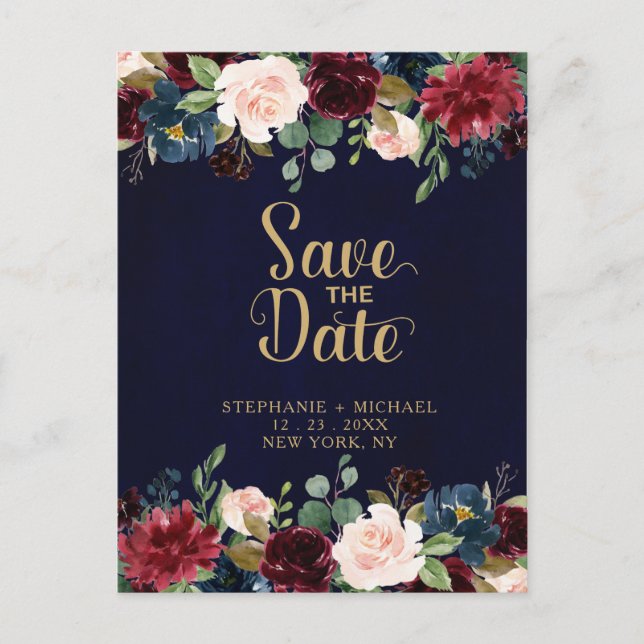 Burgundy Red Navy Floral Rustic Boho Save the Date Announcement Postcard (Front)