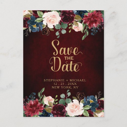 Burgundy Red Navy Floral Rustic Boho Save the Date Announcement Postcard