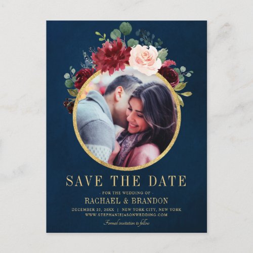 Burgundy Red Navy Floral Rustic Boho Save the Date Announcement Postcard