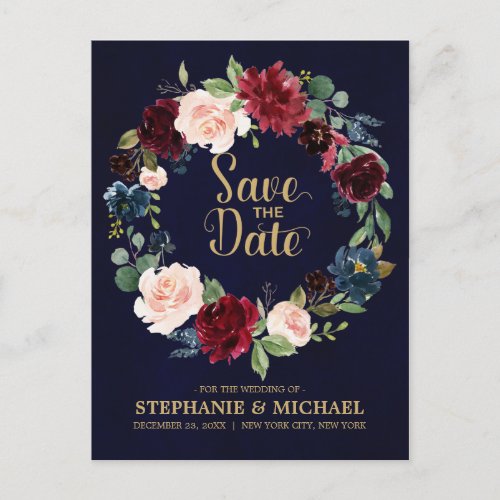 Burgundy Red Navy Floral Rustic Boho Save the Date Announcement Postcard