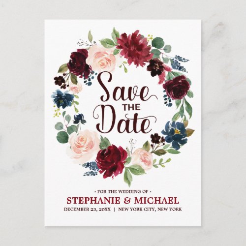 Burgundy Red Navy Floral Rustic Boho Save the Date Announcement Postcard