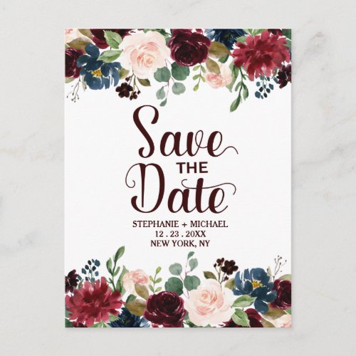 Burgundy Red Navy Floral Rustic Boho Save the Date Announcement Postcard