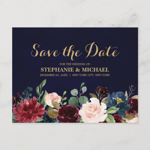 Burgundy Red Navy Floral Rustic Boho Save the Date Announcement Postcard