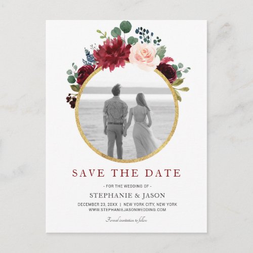 Burgundy Red Navy Floral Rustic Boho Save the Date Announcement Postcard