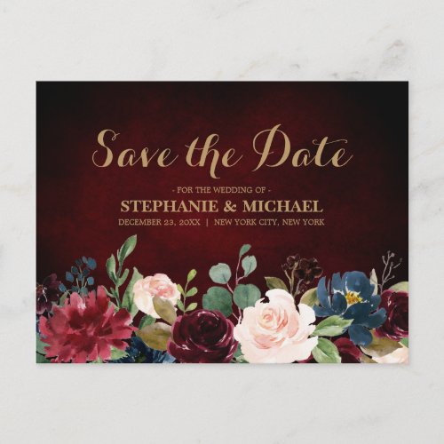 Burgundy Red Navy Floral Rustic Boho Save the Date Announcement Postcard