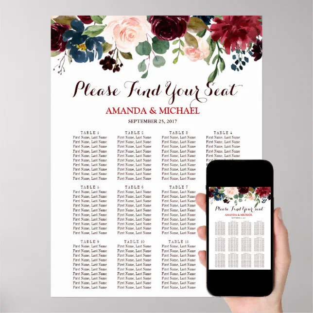 Burgundy Red Navy Floral Rustic Boho Seating Chart Watercolor Burgundy