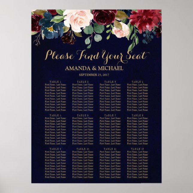 Burgundy Red Navy Floral Rustic Boho Seating Chart (Front)