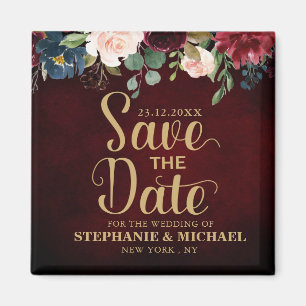 Burgundy Red Navy Floral Rustic Boho Sve the date Magnet