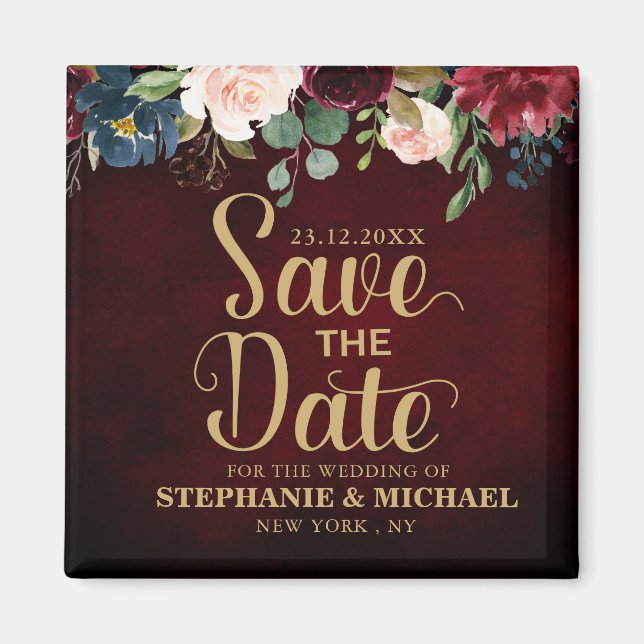 Burgundy Red Navy Floral Rustic Boho Sve the date Magnet (Front)