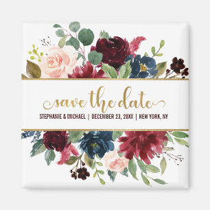 Burgundy Red Navy Floral Rustic Boho Sve the date Magnet