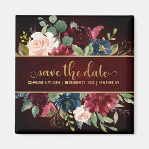 Burgundy Red Navy Floral Rustic Boho Sve the date Magnet