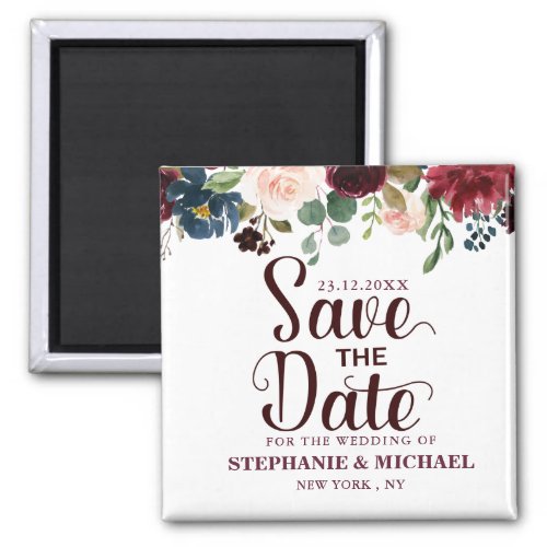 Burgundy Red Navy Floral Rustic Boho Sve the date Magnet