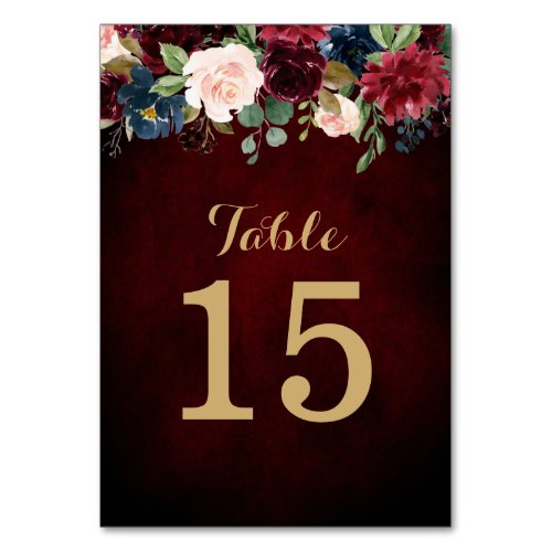 Burgundy Red Navy Floral Rustic Boho Table Number