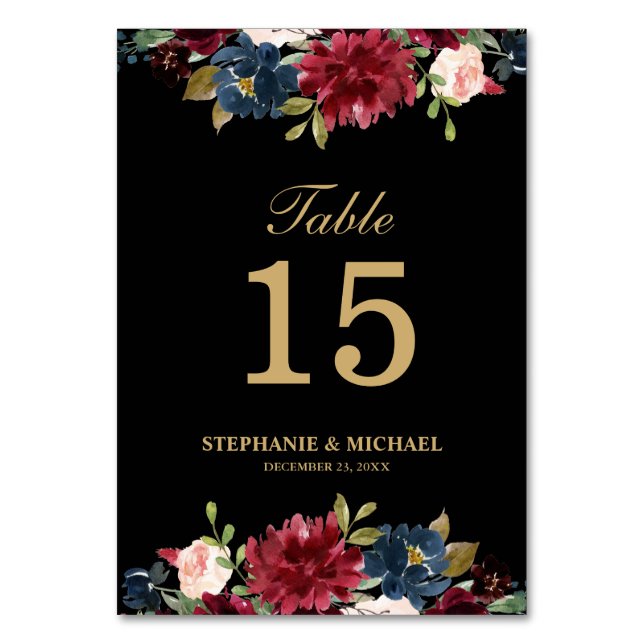 Burgundy Red Navy Floral Rustic Boho Table Number (Back)