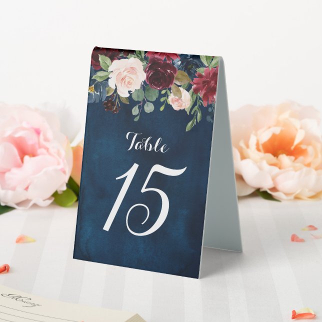 Burgundy Red Navy Floral Rustic Boho Table Number Table Tent (In SItu (Wedding))