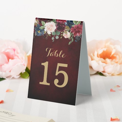 Burgundy Red Navy Floral Rustic Boho Table Number Table Tent Sign