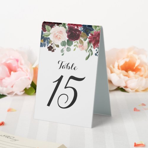 Burgundy Red Navy Floral Rustic Boho Table Number Table Tent Sign