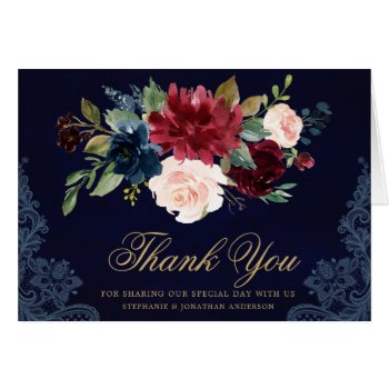 Burgundy Red Navy Floral Rustic Boho Thank You by blissweddingpaperie at Zazzle