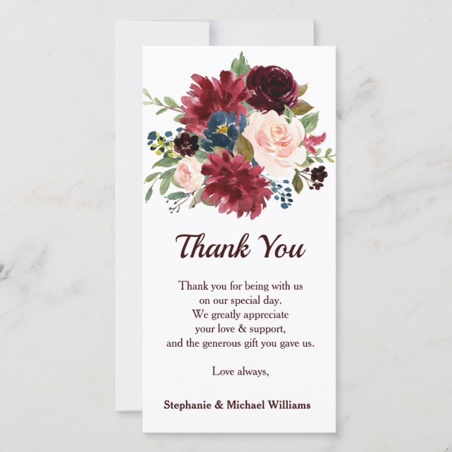 Burgundy Red Navy Floral Rustic Boho Thank you Card (Front)