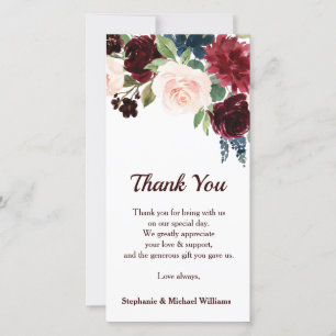 Burgundy Red Navy Floral Rustic Boho Thank you Card