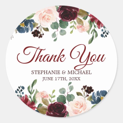 Burgundy Red Navy Floral Rustic Boho Thank You Classic Round Sticker