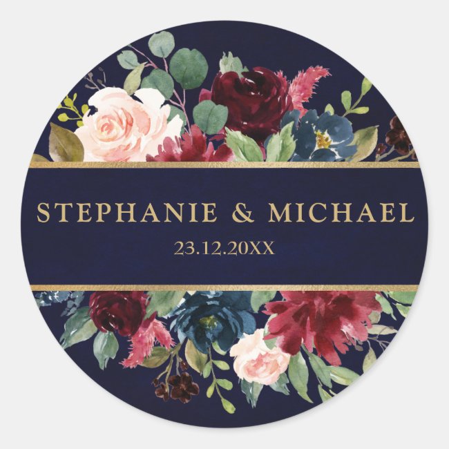Burgundy Red Navy Floral Rustic Boho Thank You Classic Round Sticker