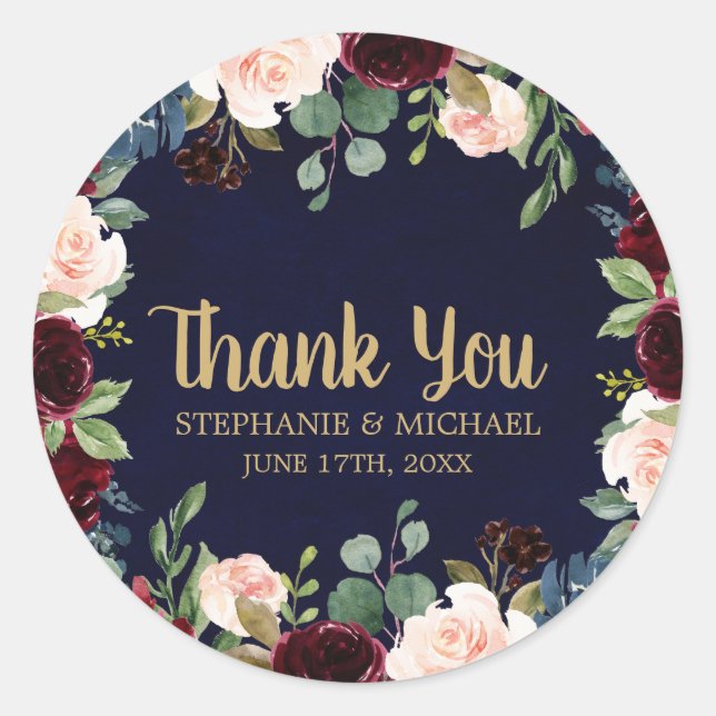 Burgundy Red Navy Floral Rustic Boho Thank You Classic Round Sticker (Front)