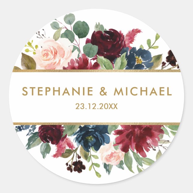 Burgundy Red Navy Floral Rustic Boho Thank You Classic Round Sticker (Front)