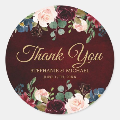 Burgundy Red Navy Floral Rustic Boho Thank You Classic Round Sticker